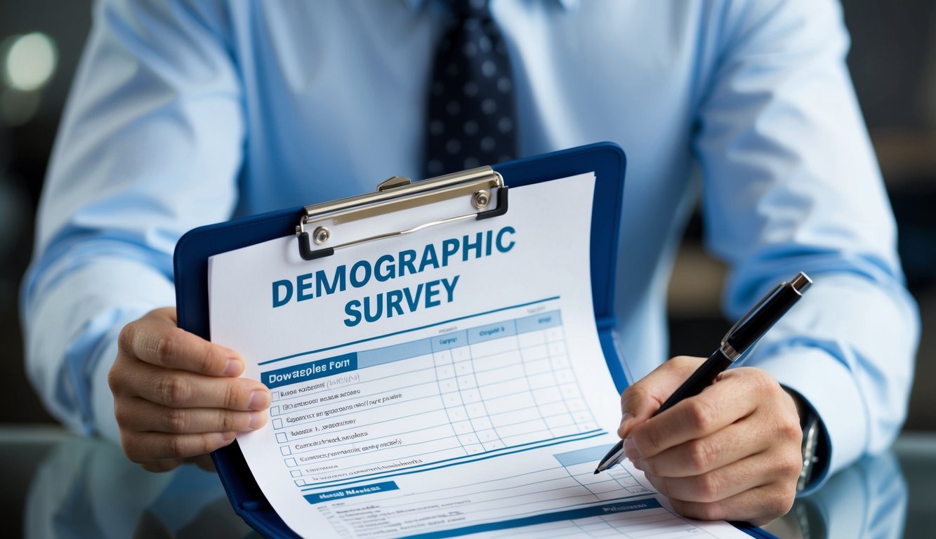 A person holding a clipboard and pen, gesturing towards a survey form. Various demographic categories are listed on the form