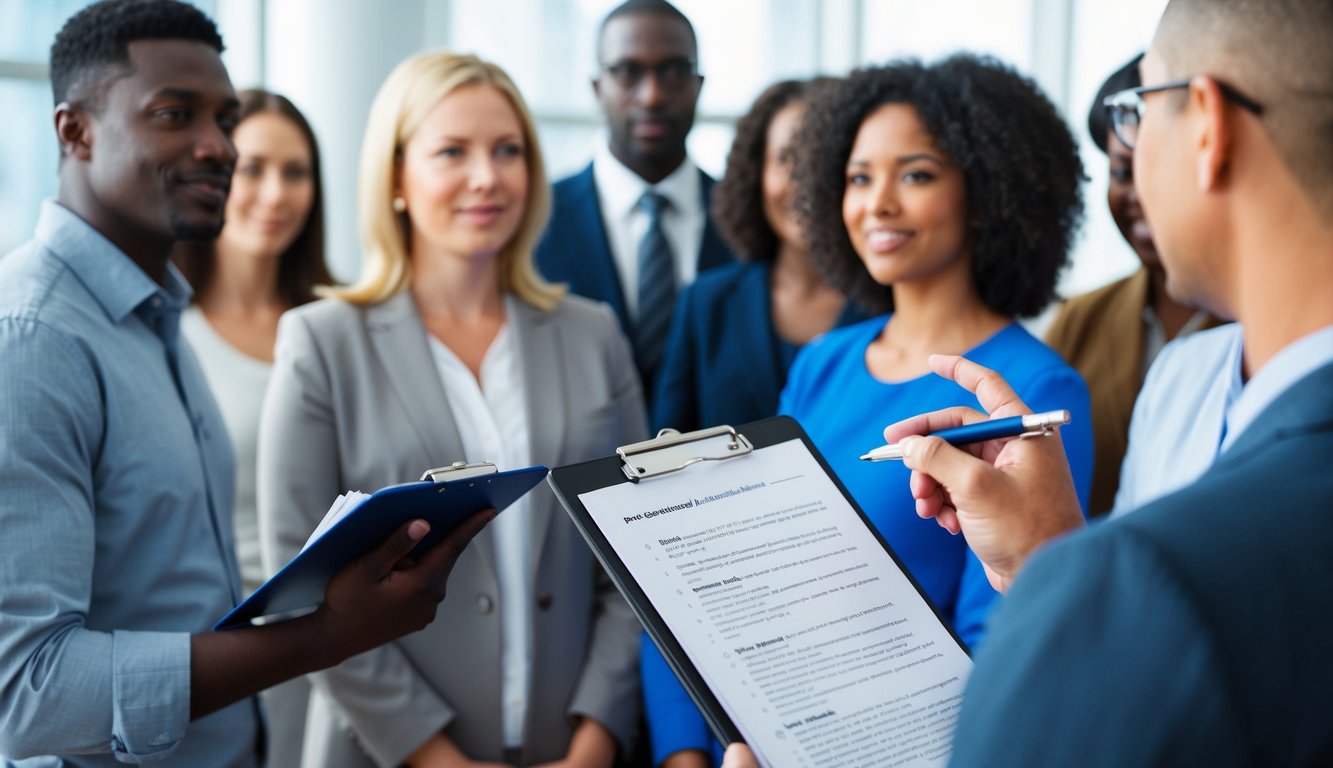 A person holding a clipboard and pen, facing a diverse group of people, gesturing to indicate a question. The group includes individuals of different ages, genders, and ethnicities