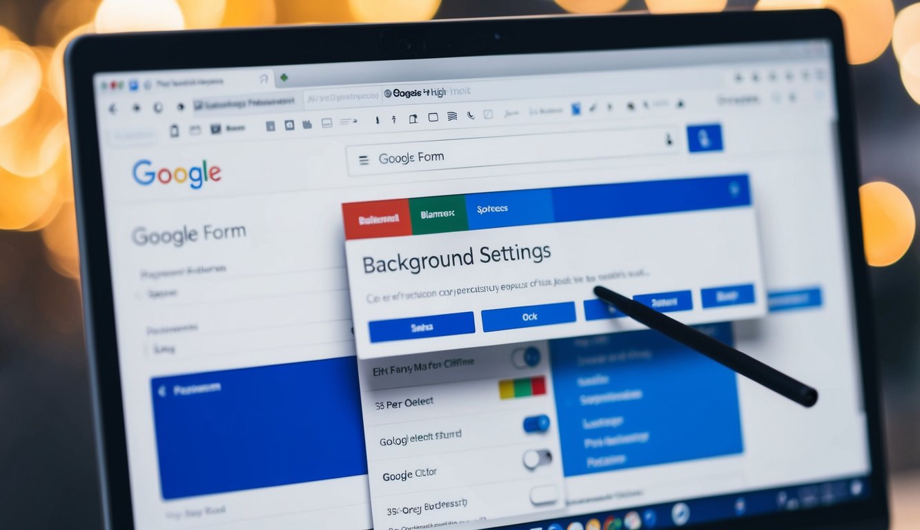 A computer screen with a Google Form open, showing the background settings menu. The cursor hovers over the color options, ready to make a selection