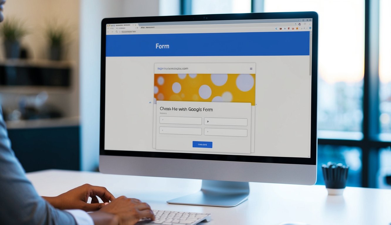 A computer screen with a Google Form open. The user is customizing the form, specifically changing the background color and adding a logo or image