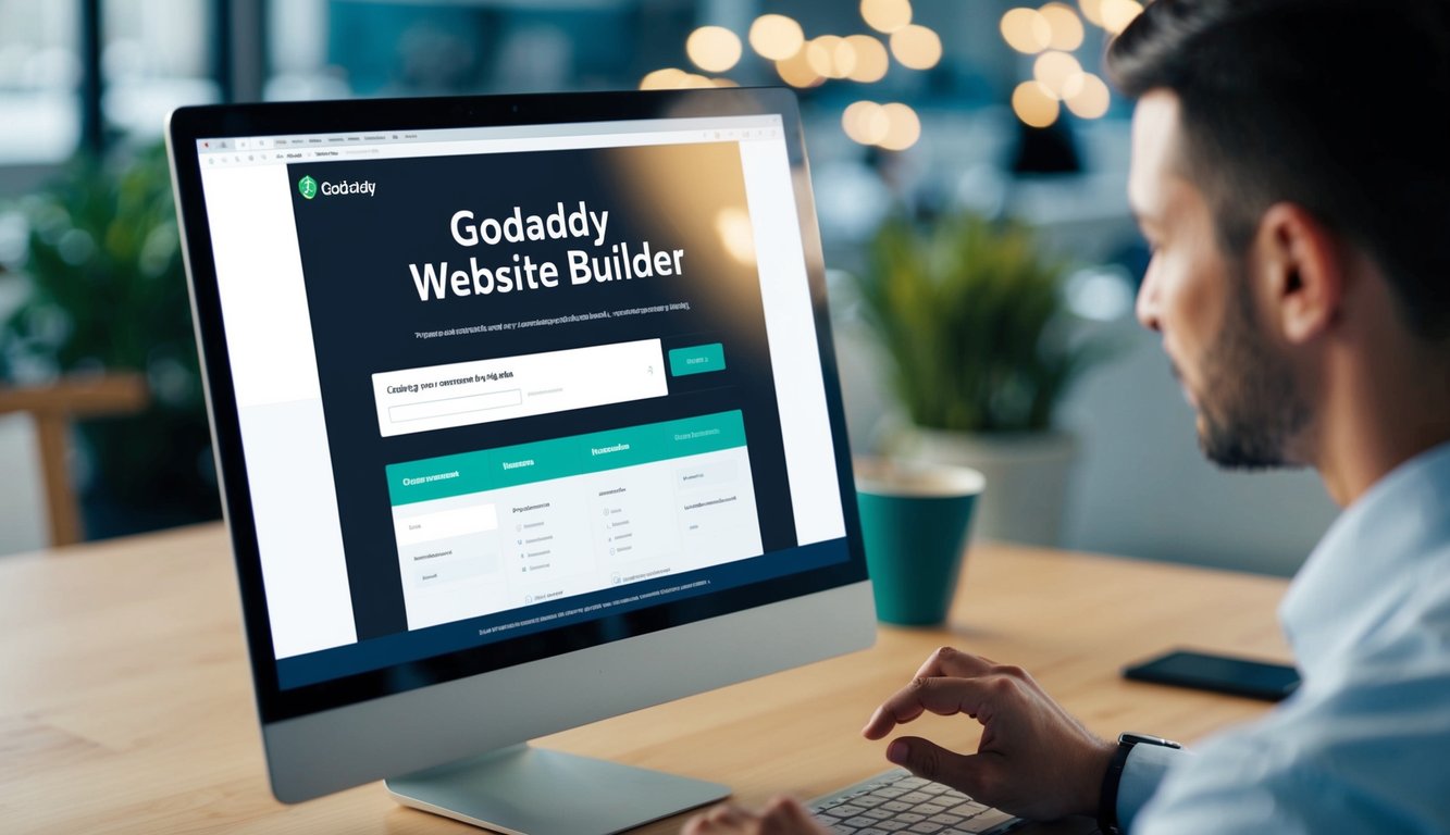 A person using a computer to navigate through the Godaddy website builder. They are clicking on the "Forms" tab and customizing the form fields and design