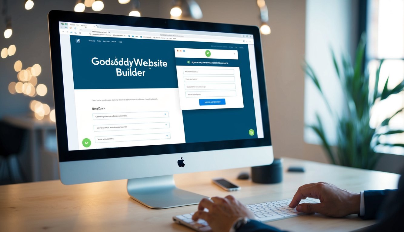 A computer screen displaying the GoDaddy website builder interface with a form creation tool open. The user is selecting form fields and customizing the design