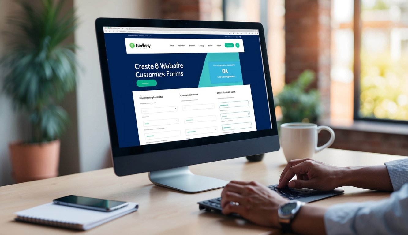 A person using a computer to create and customize forms on the GoDaddy website builder platform. The person is optimizing and managing the forms to fit their specific needs