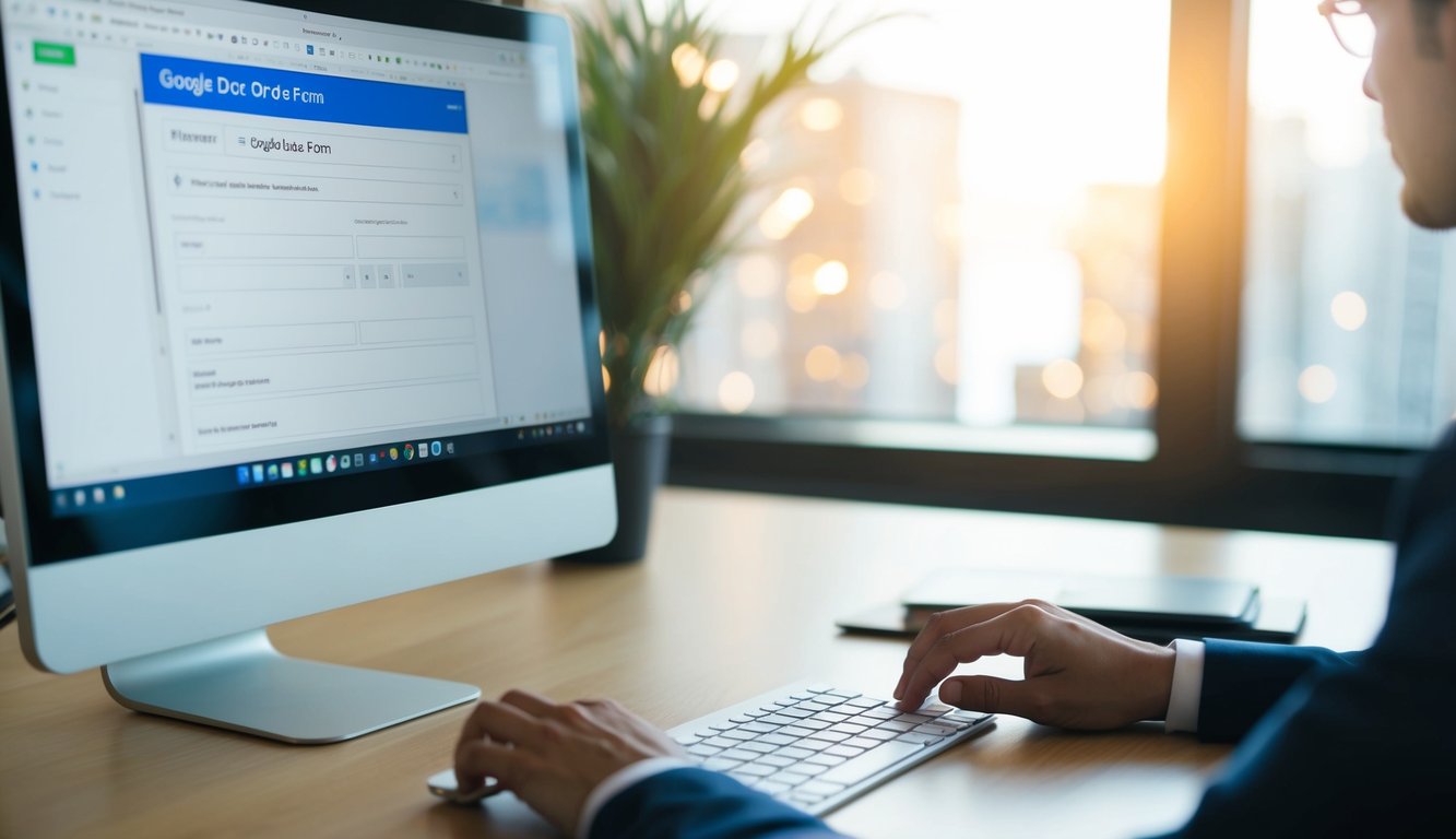 A person sitting at a desk with a computer, typing on a keyboard to create a Google Doc order form. The screen displays the form being set up with various fields and options