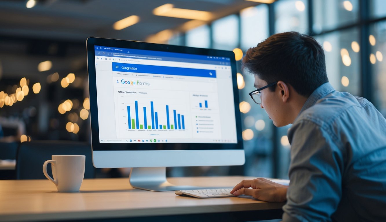 A person sneaks a peek at a computer screen displaying Google Forms analytics. They are looking at the data without permission