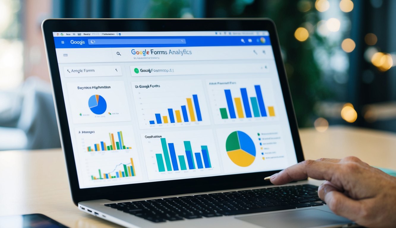 A laptop open to the Google Forms Analytics page, showing various charts and graphs. A cursor hovers over the data, indicating analysis in progress