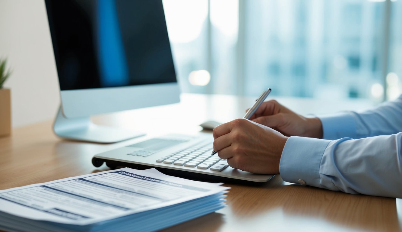 A person at a desk with a computer, writing questions on a survey. A stack of completed surveys sits nearby