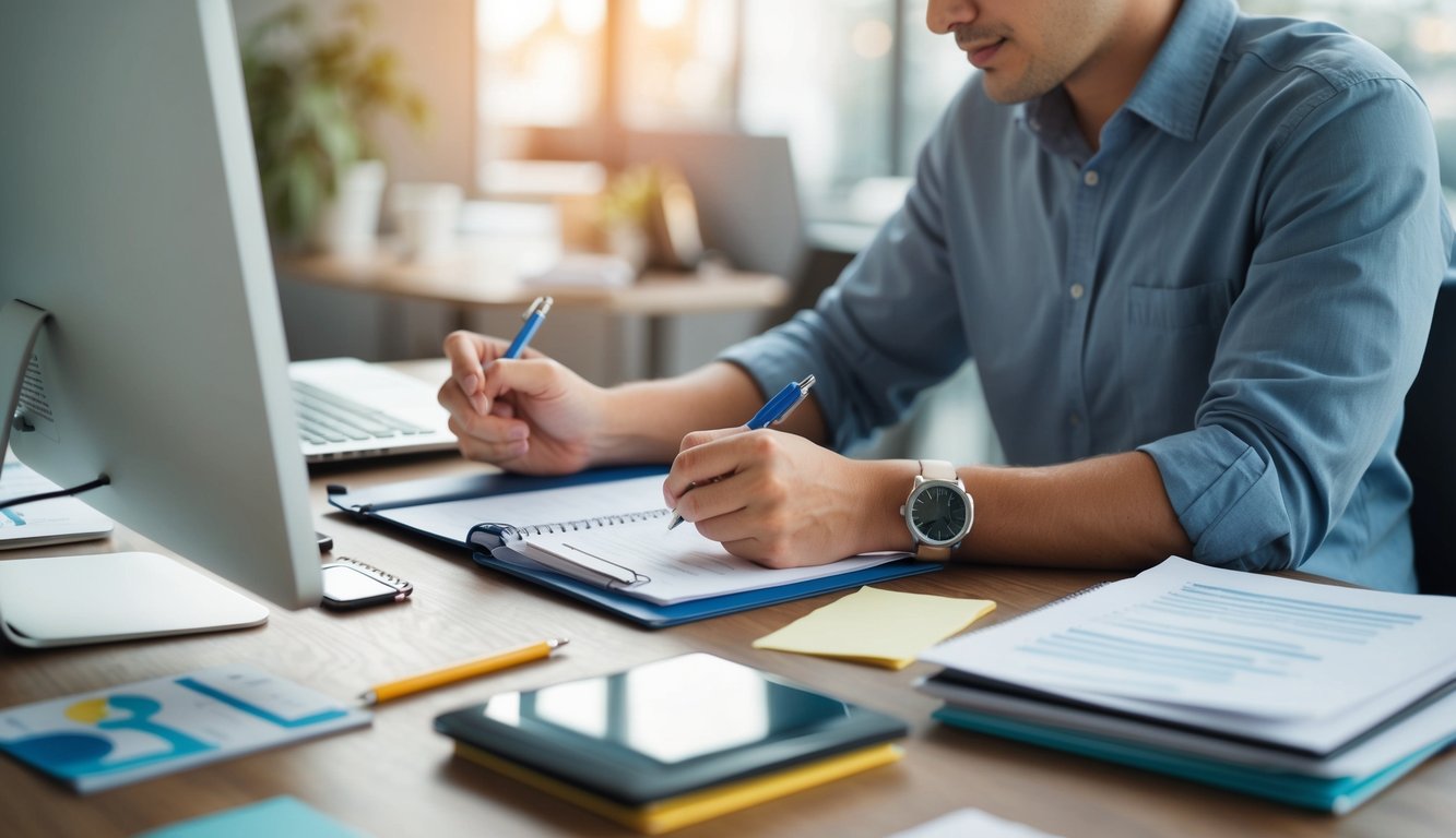 A person sitting at a desk with a computer, surrounded by research materials and writing notes on a pad. They are brainstorming and organizing ideas for a survey