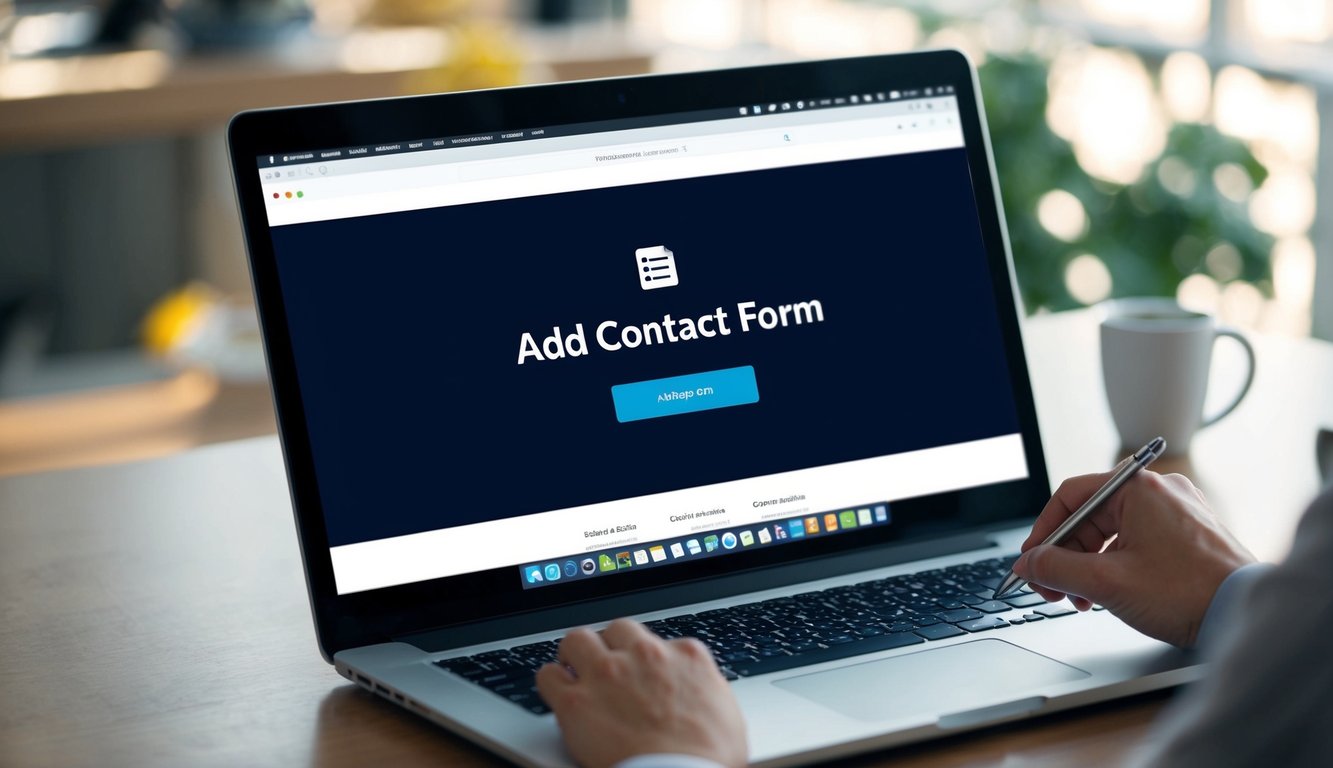 A computer screen with a website editing interface open. A cursor hovers over the "Add Contact Form" button, ready to be clicked