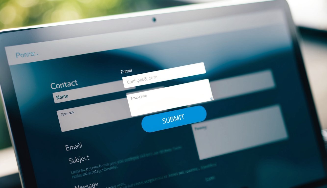 A website with a contact form feature, including fields for name, email, subject, and message. A submit button is prominent