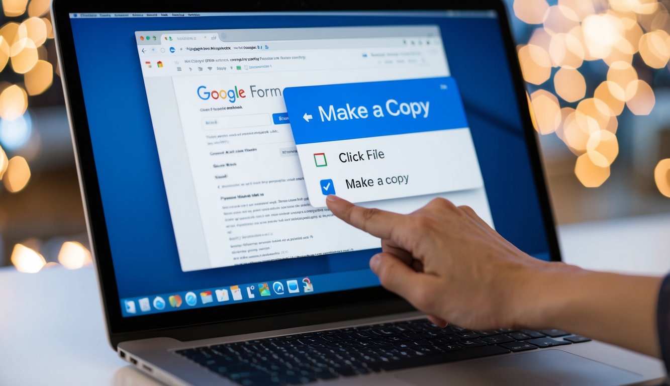 A computer screen displaying a Google Form with a cursor clicking on the "File" menu, then selecting "Make a copy" from the dropdown options