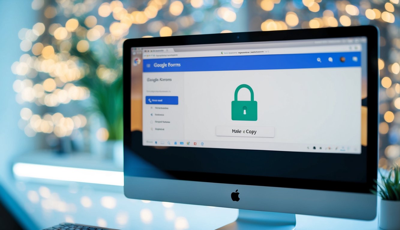 A computer screen showing the Google Forms interface with a "Make a Copy" option highlighted, while a lock icon representing permissions is displayed