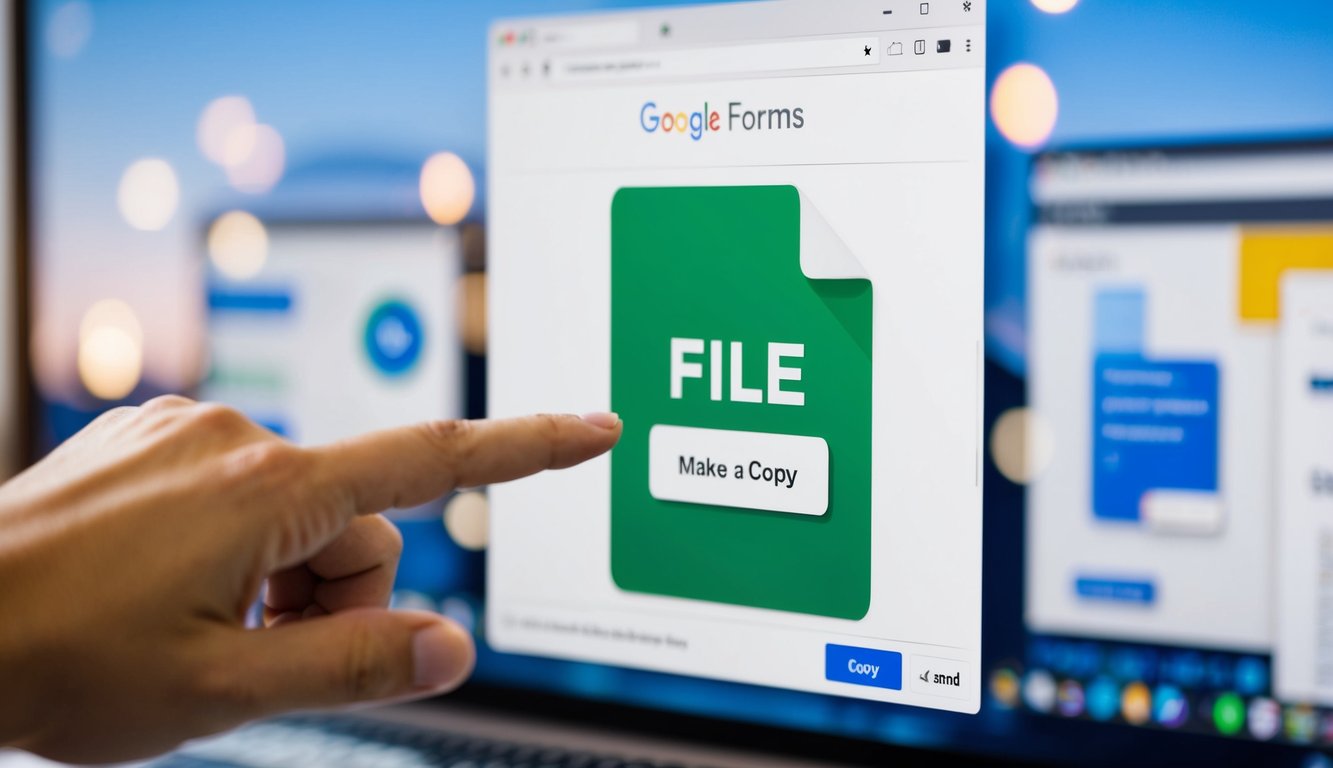 A computer screen displaying the Google Forms interface with a cursor clicking on the "File" menu and selecting "Make a copy" from the dropdown menu