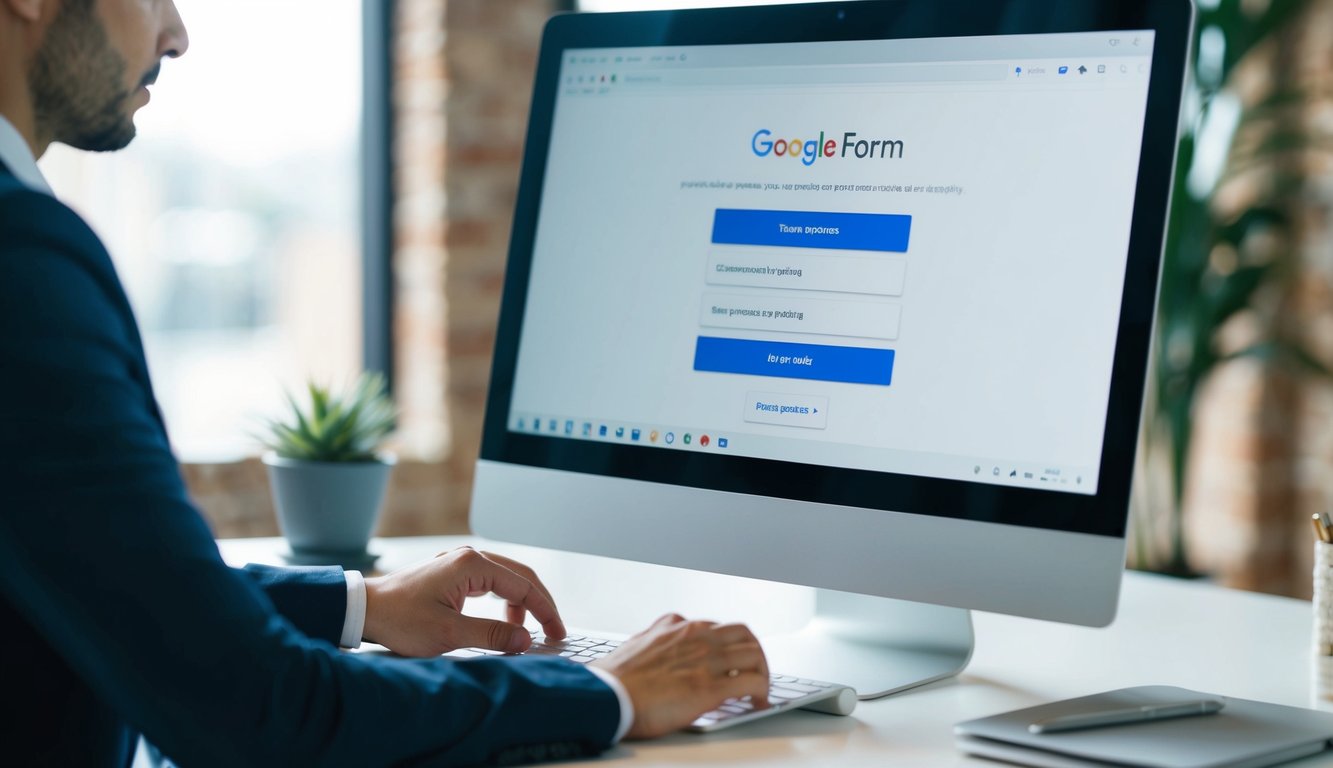 A person sitting at a desk, using a computer to set up a Google Form. The screen displays the steps for making the form private