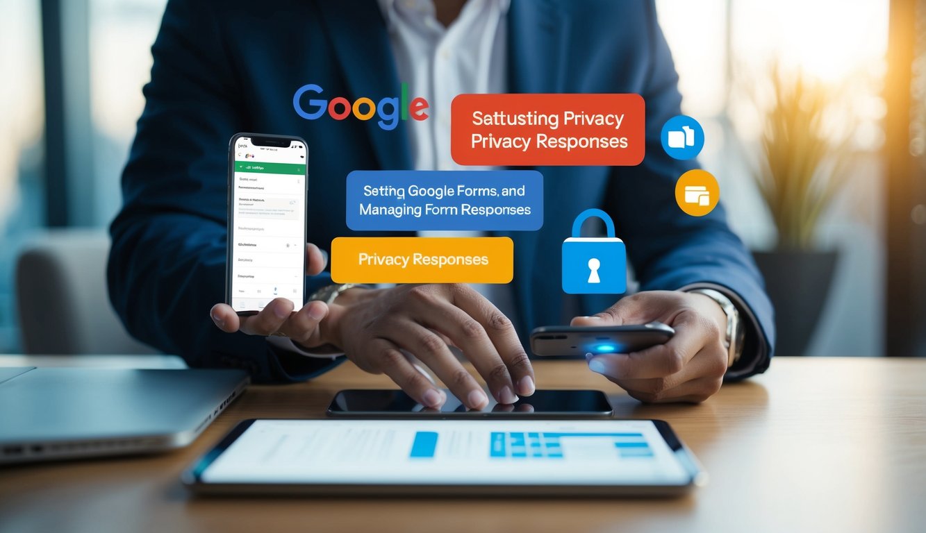 A person setting up Google Forms, adjusting privacy settings, and managing form responses