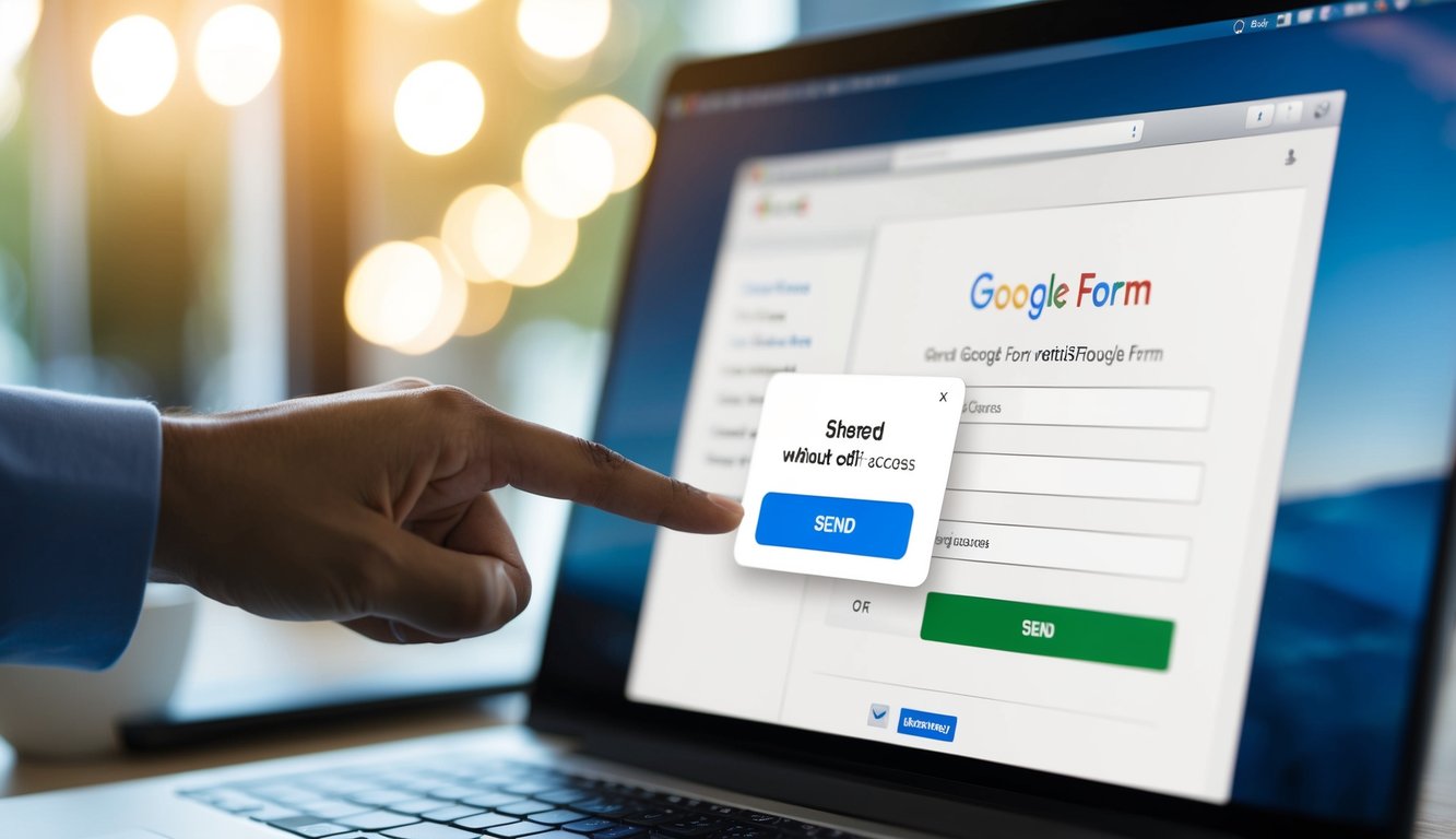 A computer screen displaying a Google Form being set up. The "send" button is highlighted as the form is being shared without edit access