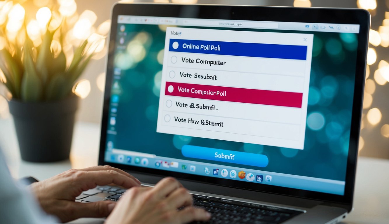 A computer screen with an online poll interface open, showing the option to vote multiple times. A cursor hovers over the "submit" button