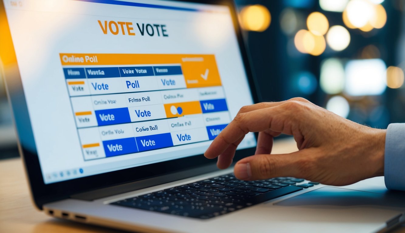 A computer screen displaying an online poll with multiple voting options. A hand cursor clicking on the "vote" button repeatedly