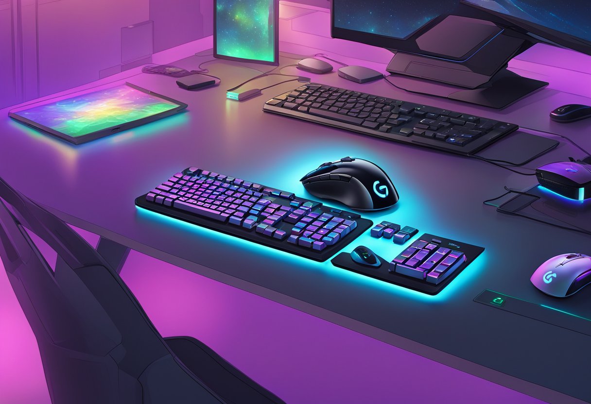 A Logitech G600 MMO gaming mouse surrounded by colorful LED lights on a sleek, futuristic desk