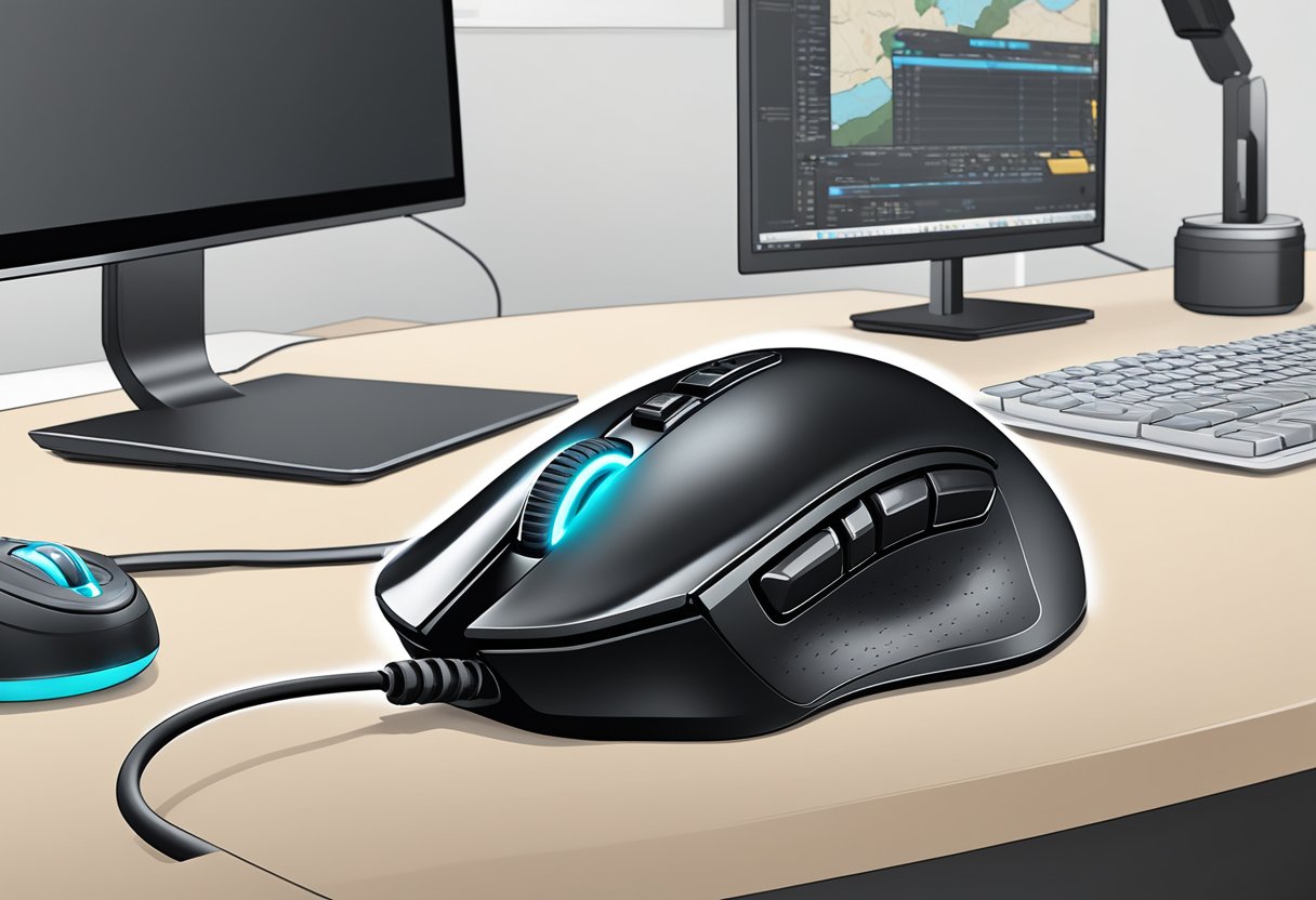 A sleek, ergonomic Logitech G600 MMO mouse sits on a clean, modern desk surrounded by gaming equipment. The mouse's customizable buttons and smooth design are highlighted