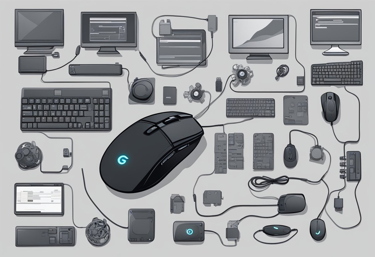 A hand holding a Logitech G600 MMO mouse, surrounded by various computer components and cables