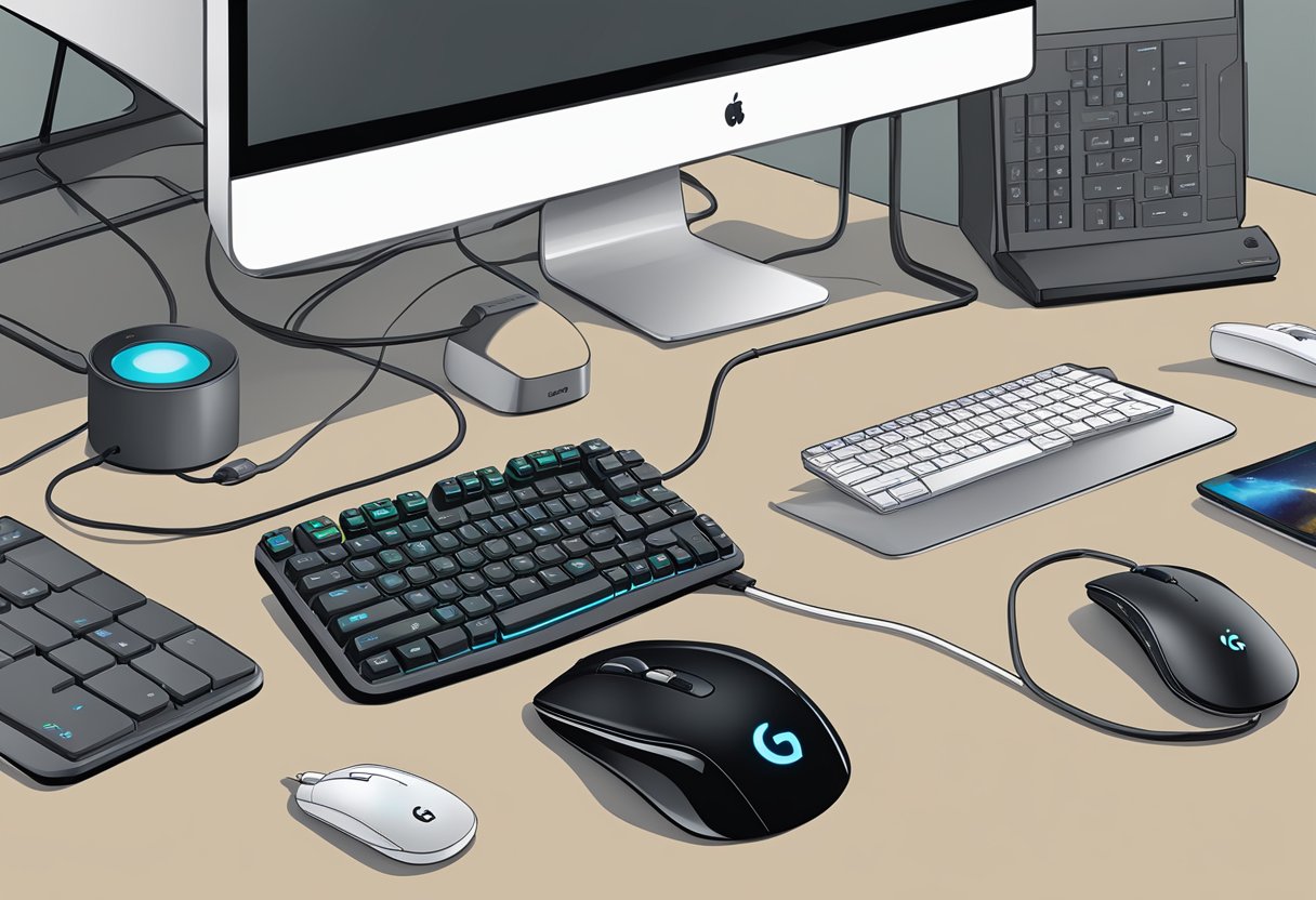 A Logitech G600 MMO mouse connected to a computer, with various compatible devices nearby