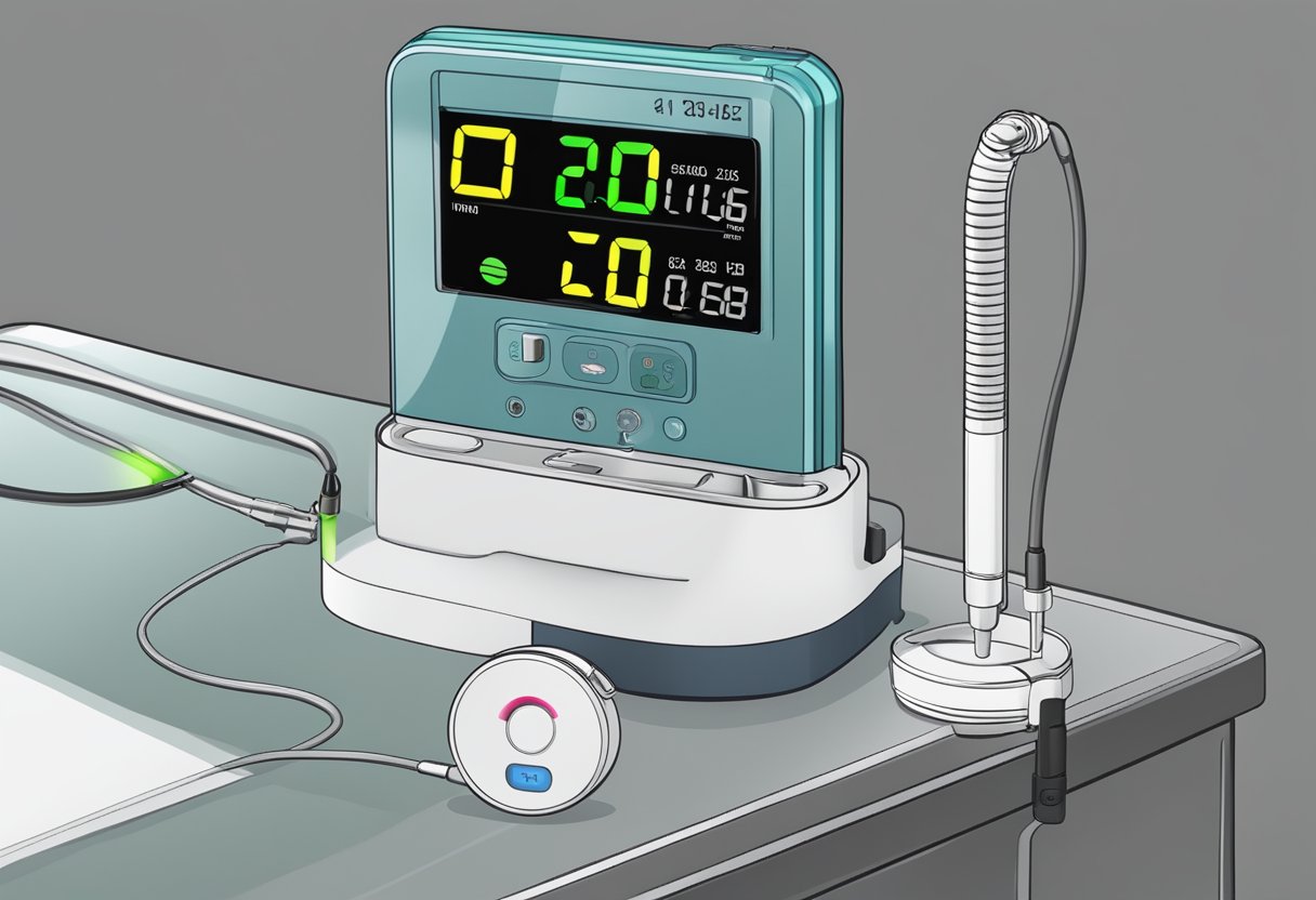 A continuous oxygen monitor displaying stable levels on a bedside table with a digital screen and a small sensor attached to a tube