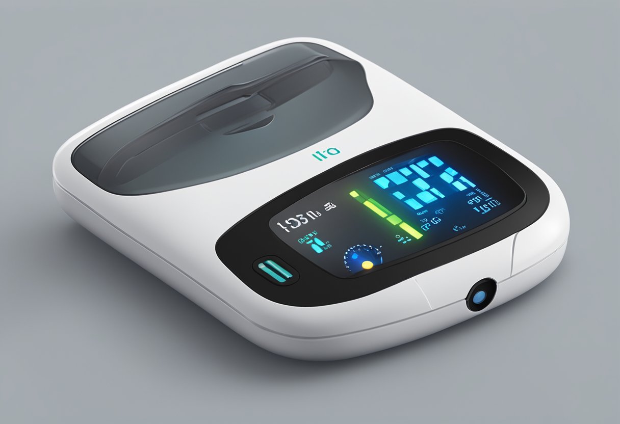 A small, sleek device with a digital screen displays real-time oxygen levels