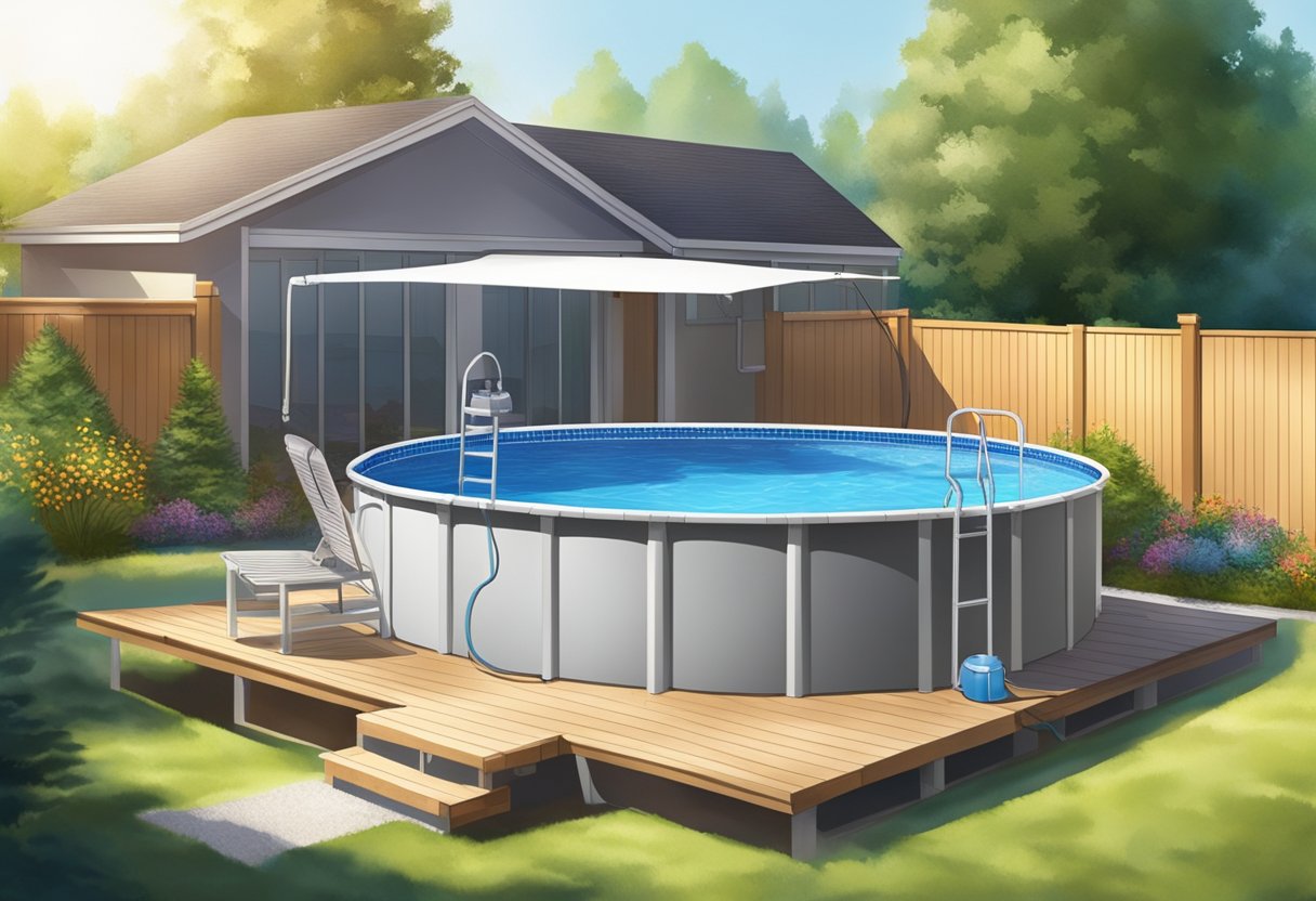 A bright, sunny backyard with an above ground pool. A heater is attached to the side of the pool, emitting warm steam into the air