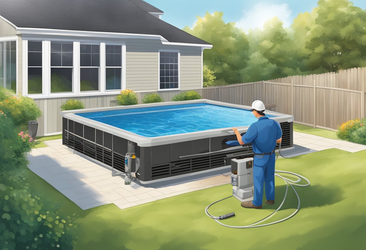 A technician installs and maintains an above-ground pool heater, connecting pipes and adjusting settings. The sun shines down on the backyard as the work is completed