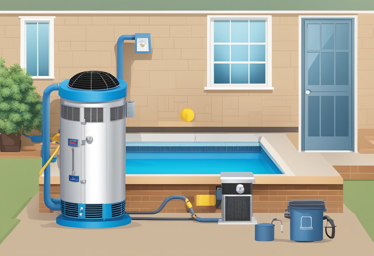 An above ground pool heater sits next to a pool, surrounded by various operational tools and equipment. The heater is running efficiently, with minimal operational costs