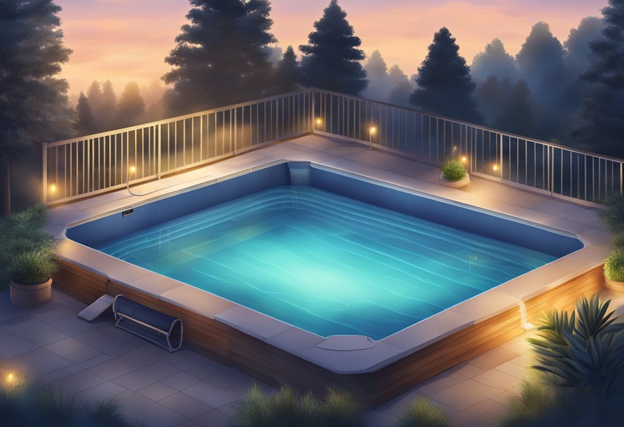 An above-ground pool with a heater attached to the side, steam rising from the water on a cool evening