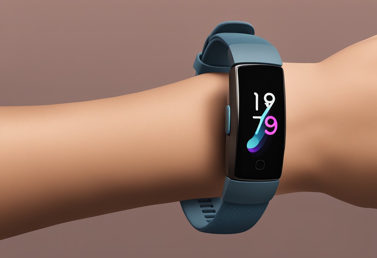 A Fitbit Inspire 3 on a wrist, with the screen displaying a heart rate and step count