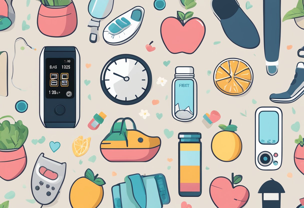 A Fitbit Inspire 3 surrounded by health and wellness symbols, such as a heart rate monitor, water bottle, running shoes, and healthy food