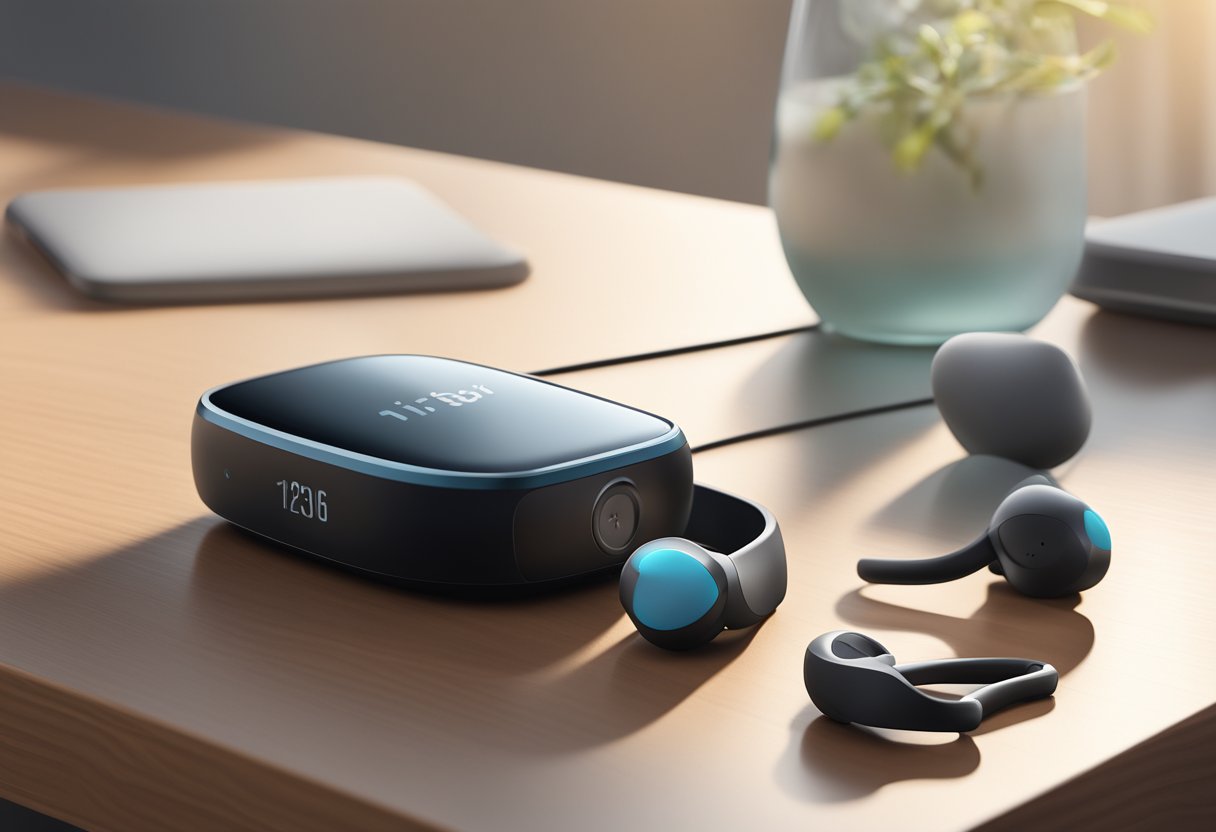 A Fitbit Inspire 3 lies on a sleek modern desk, surrounded by a pair of wireless earbuds and a glass of water. The room is filled with natural light, casting soft shadows across the surface