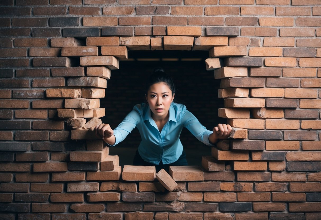 A person breaking through a brick wall with a determined expression, symbolizing personal growth and overcoming conservative mindsets