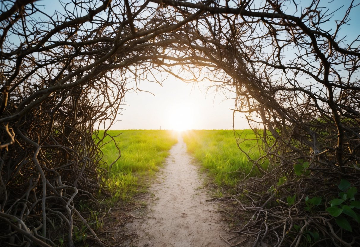 A serene, open mind surrounded by a tangle of thorny vines, with a clear path leading to a bright, open space