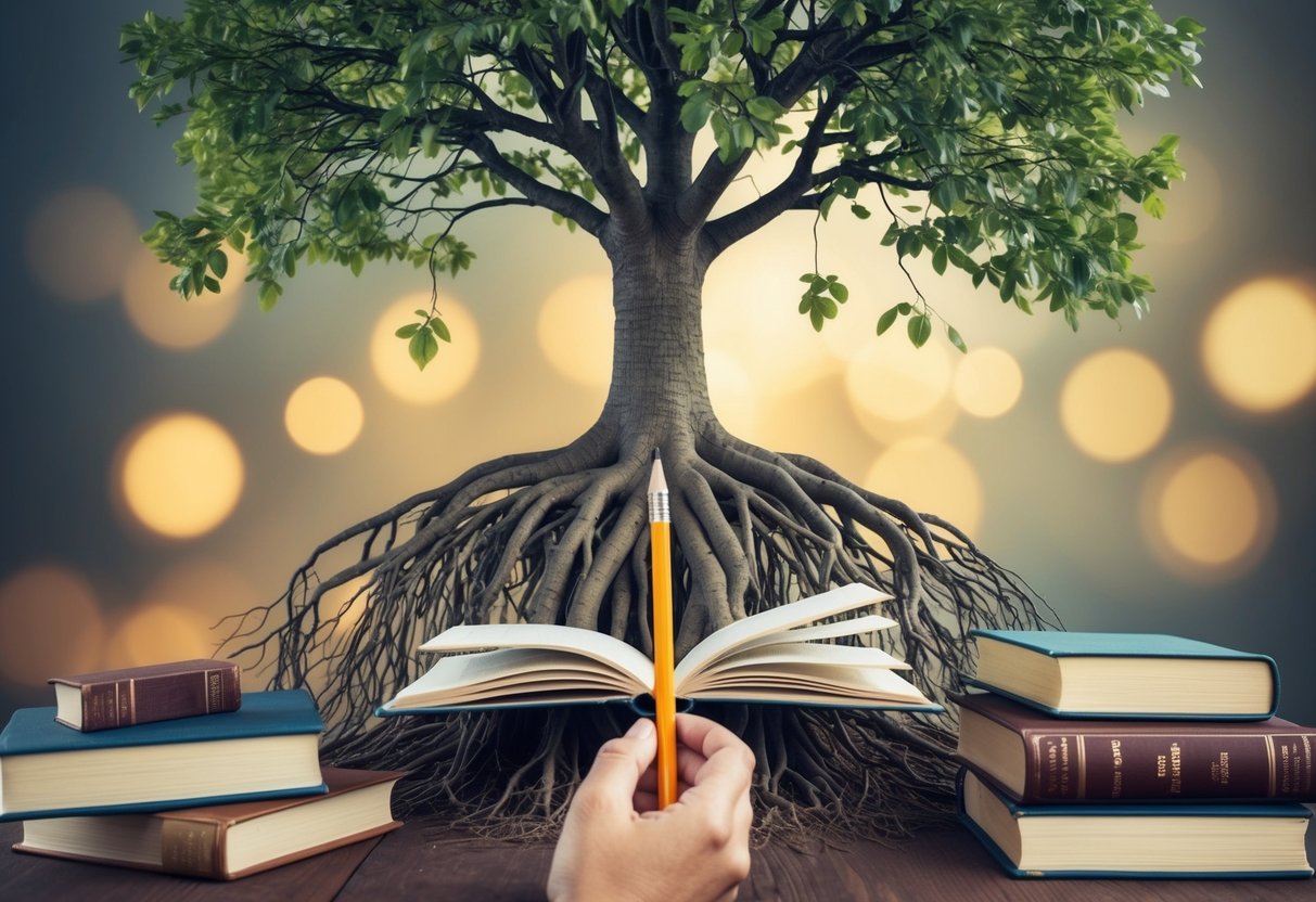 A tree with deep roots and growing branches, surrounded by books and a hand holding a pencil, symbolizing a conservative growth mindset