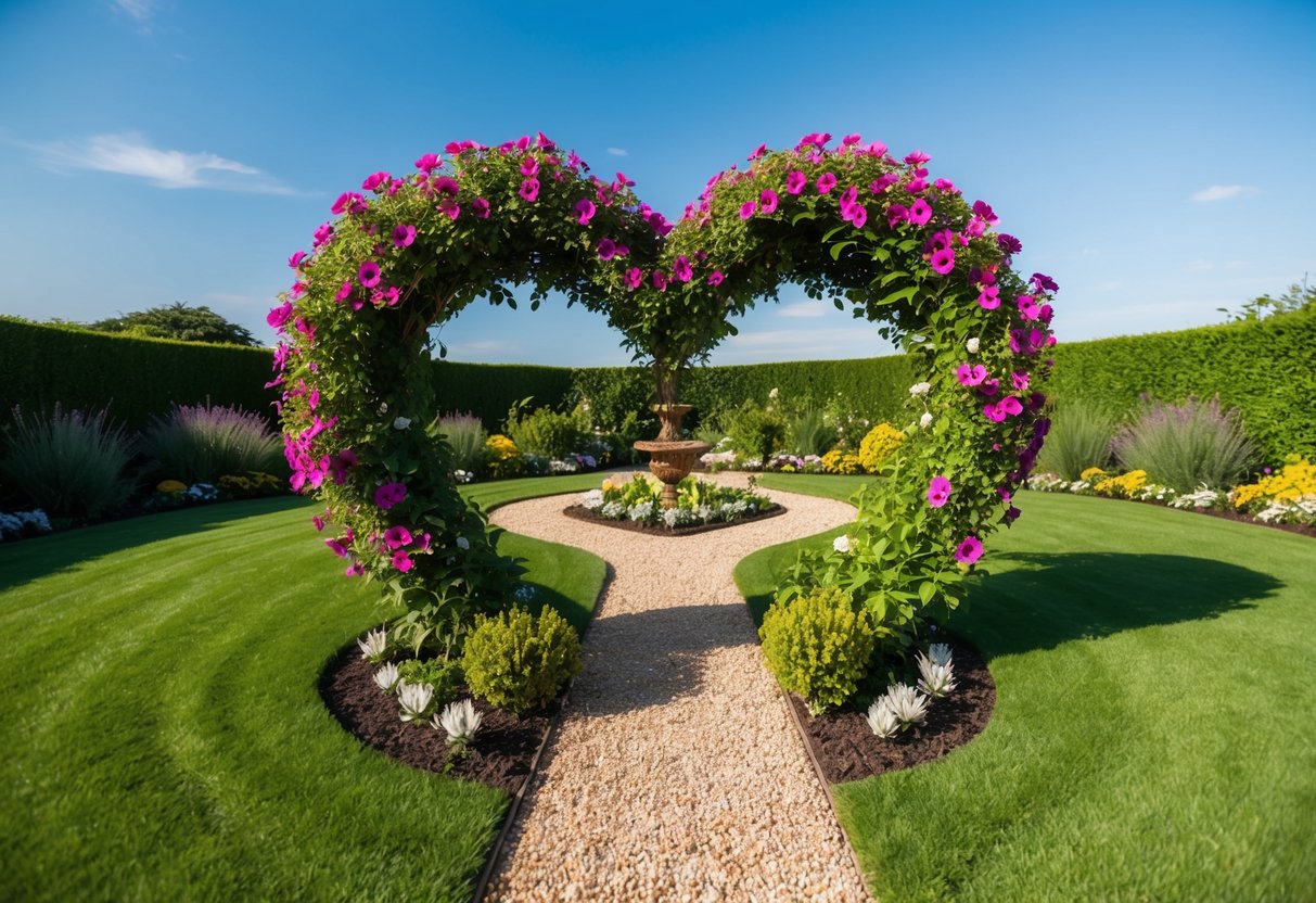 A heart-shaped garden with vibrant flowers and a winding path, surrounded by lush greenery and a clear blue sky