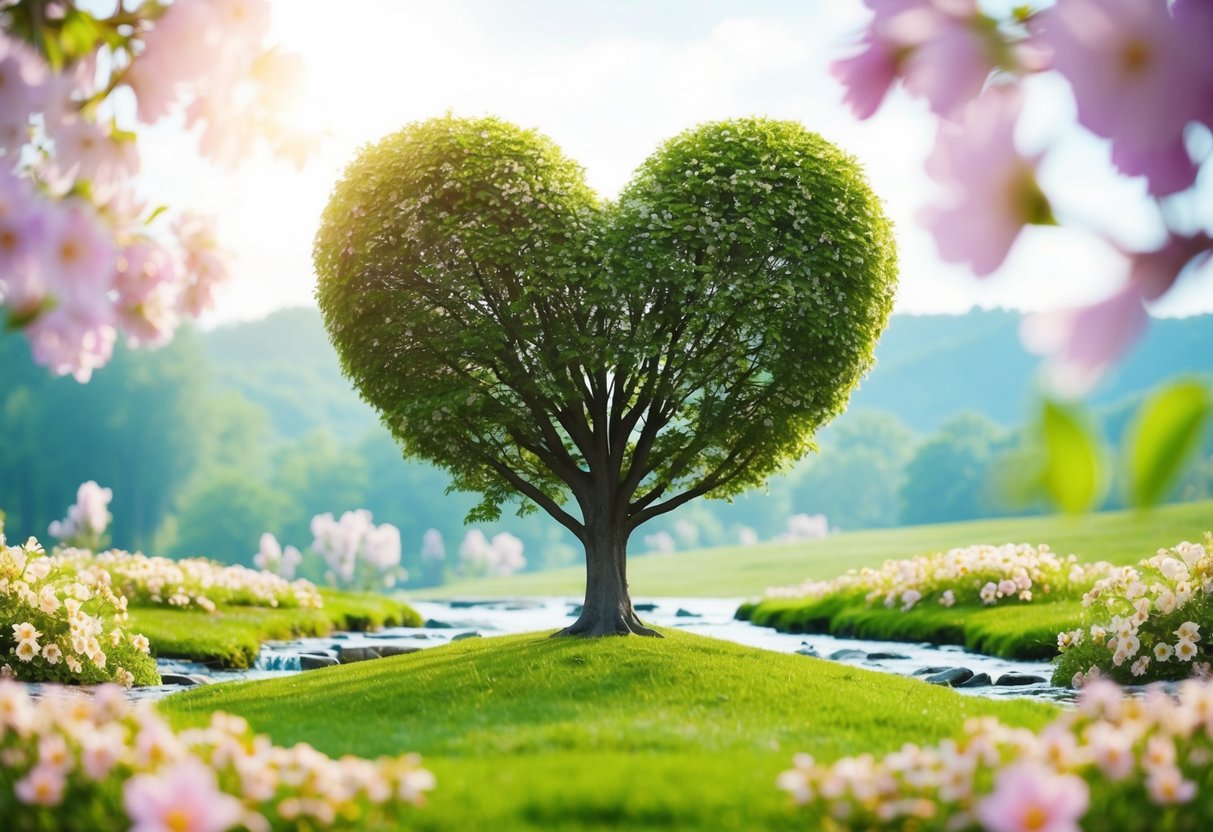 A serene landscape with a heart-shaped tree at the center, surrounded by blooming flowers and flowing streams