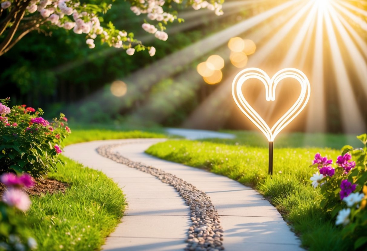A winding path leads to a glowing heart-shaped symbol, surrounded by blooming flowers and vibrant greenery. Rays of light shine down, illuminating the scene