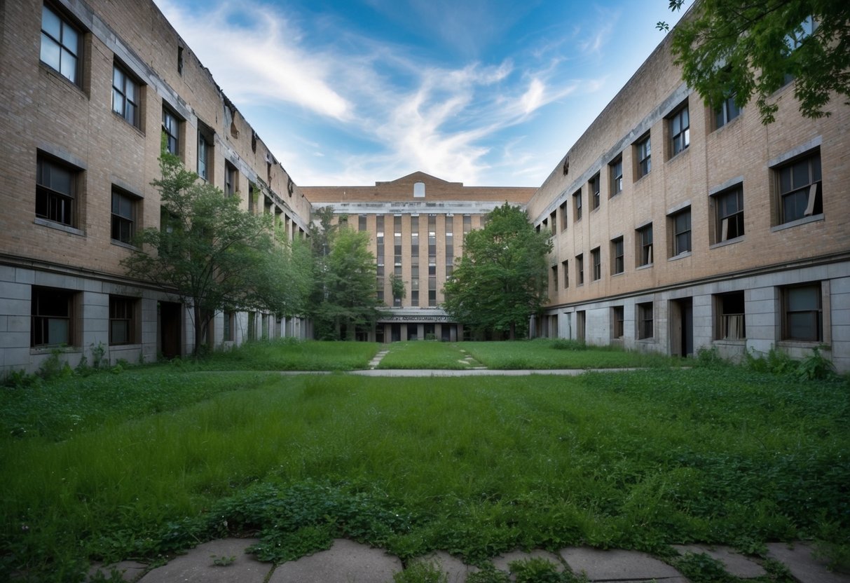 A desolate campus with crumbling buildings and overgrown lawns. Broken windows and faded signs indicate neglect and decline