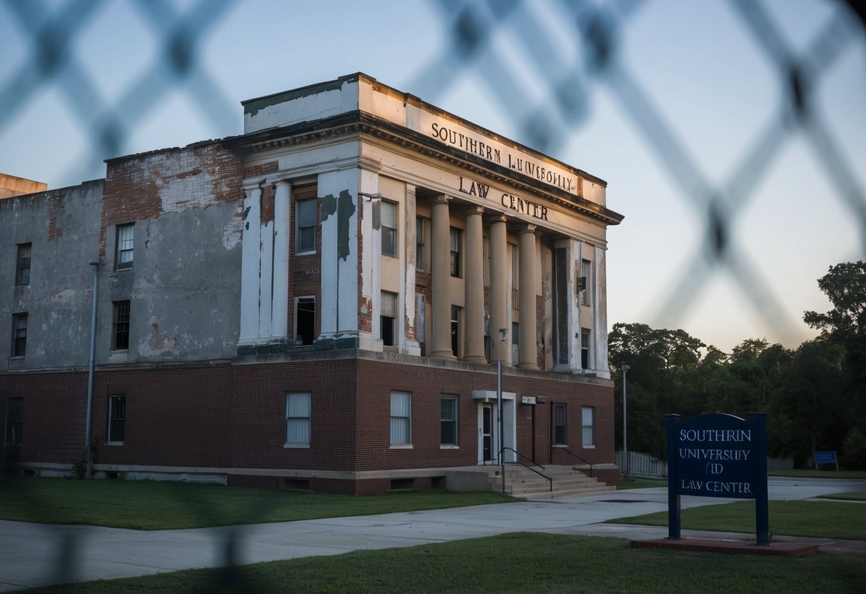 The Southern University Law Center, a rundown building with peeling paint and broken windows, sits at the bottom of a list of the 20 worst law schools in the U.S