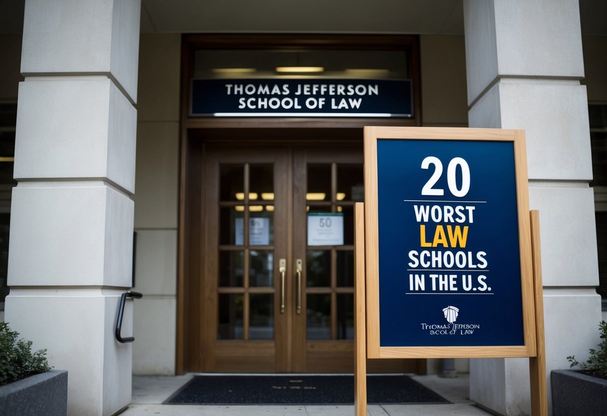 The front entrance of Thomas Jefferson School of Law with a "20 Worst Law Schools in the U.S." ranking displayed on a notice board