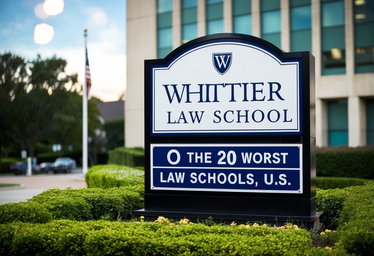 The exterior of Whittier Law School, a nondescript building with a sign displaying its name and ranking as one of the 20 worst law schools in the U.S