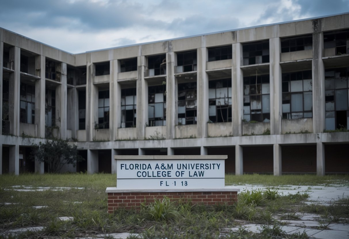 The Florida A&M University College of Law is depicted with a desolate and neglected atmosphere, surrounded by a sense of abandonment and decay