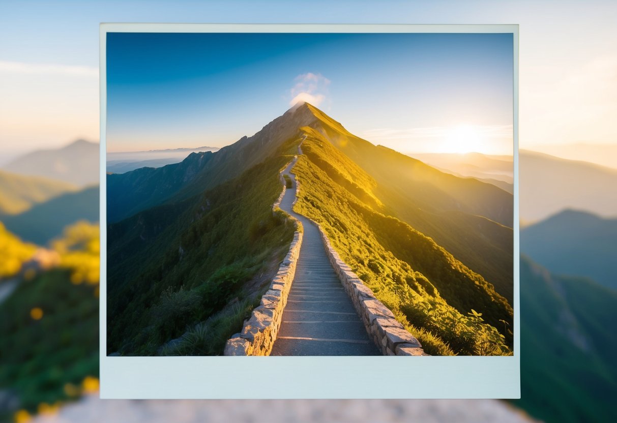 A mountain peak bathed in golden sunlight, with a winding path leading to the top, surrounded by lush greenery and a clear blue sky above
