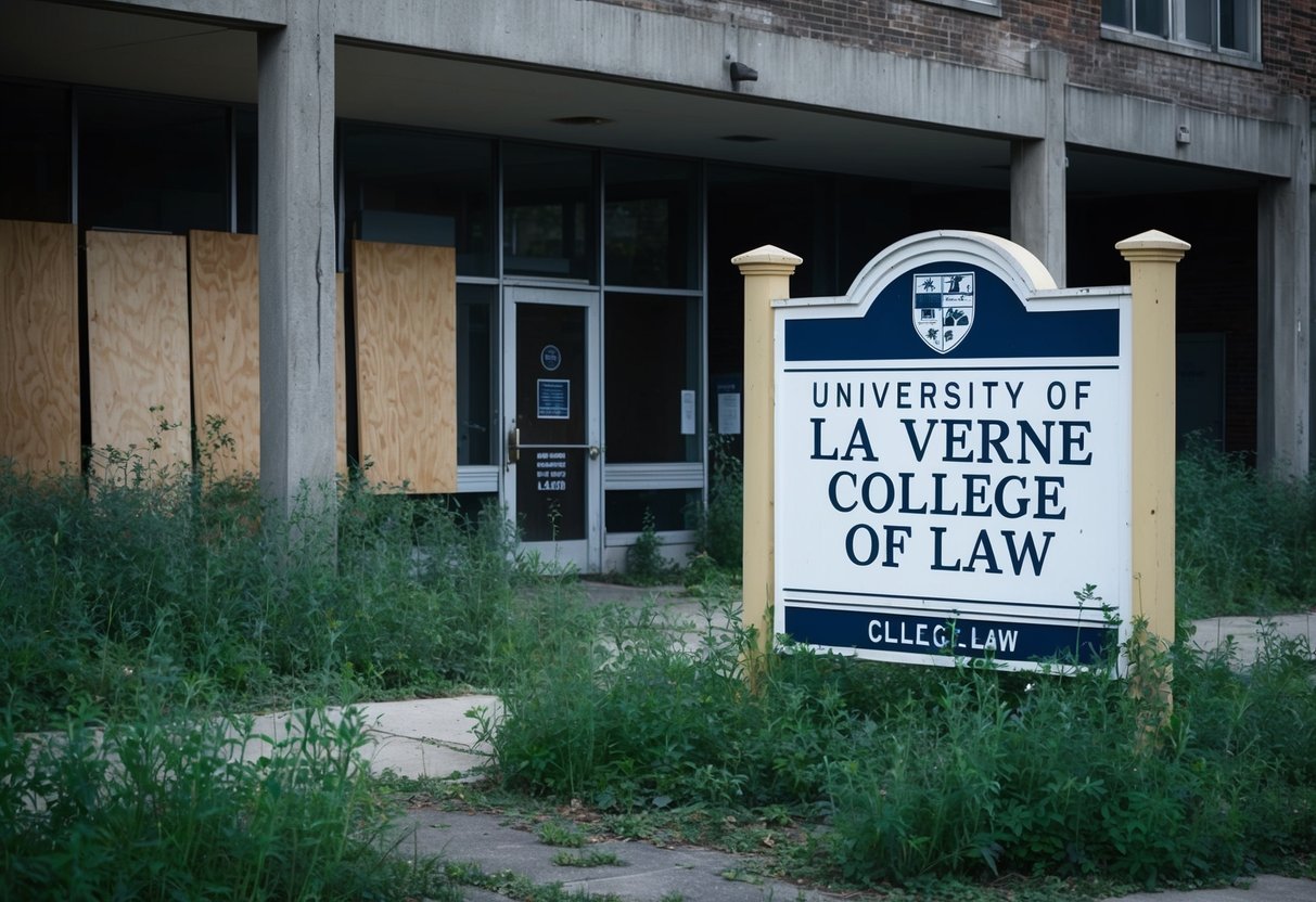 A desolate, run-down building with boarded-up windows and overgrown weeds surrounding the entrance. The sign for the University of La Verne College of Law is faded and barely legible