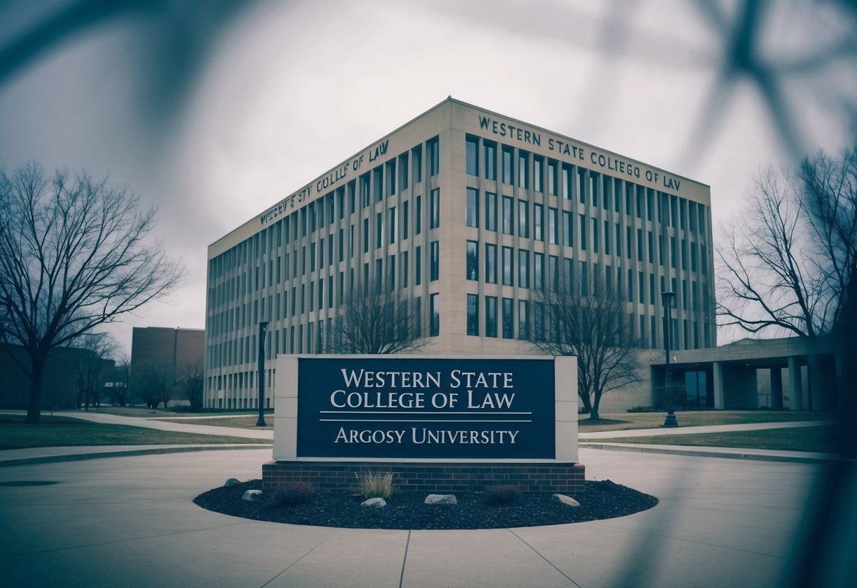 The Western State College of Law at Argosy University, a campus building with a prominent sign displaying its name, surrounded by a lackluster and desolate environment