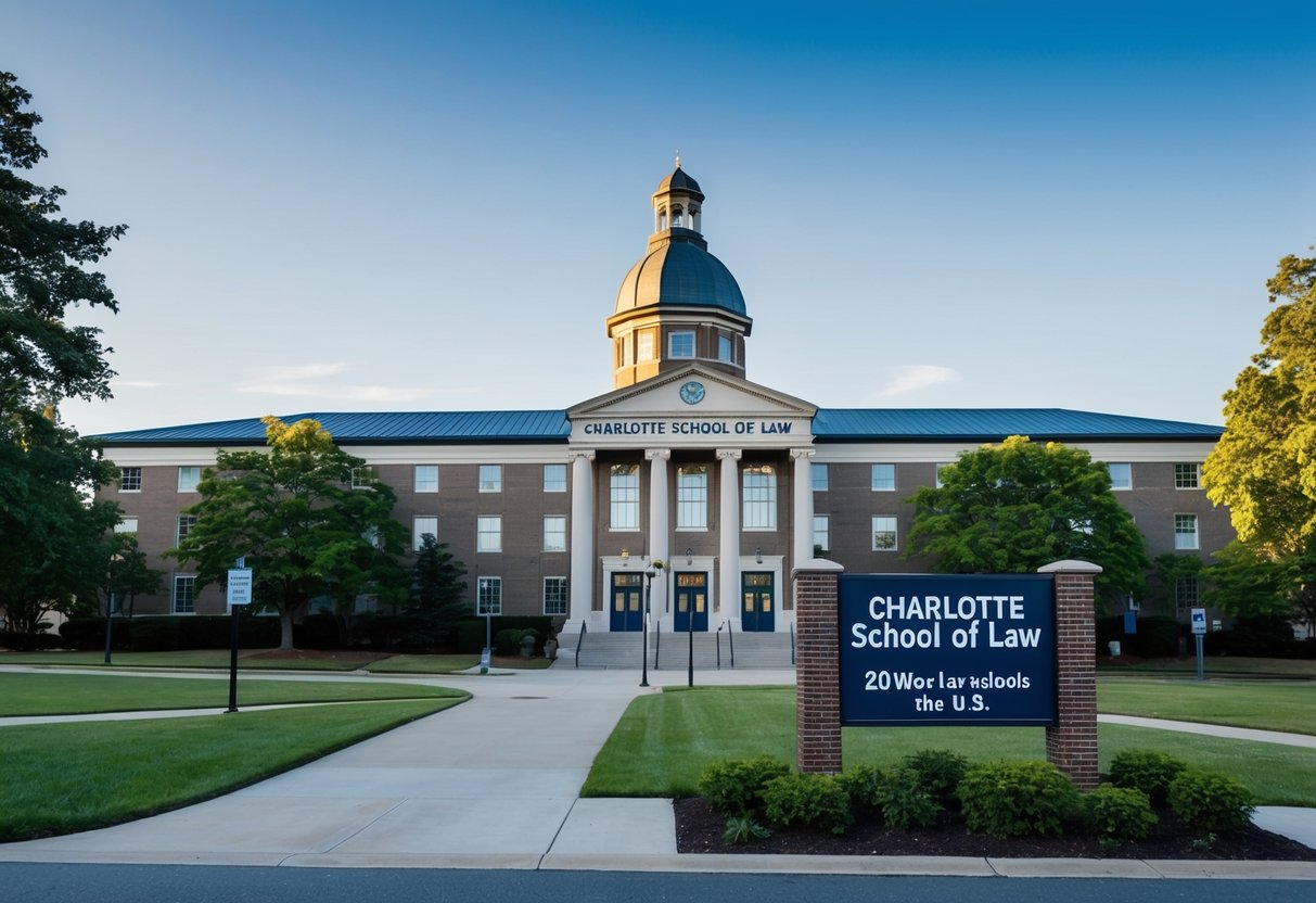 The Charlotte School of Law building, with a sign reading "20 Worst Law Schools in the U.S.," stands against a backdrop of a clear blue sky and lush green trees